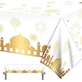 Wit tafelkleed met gouden moskee en vuurwerkdesign voor Eid Mubarak